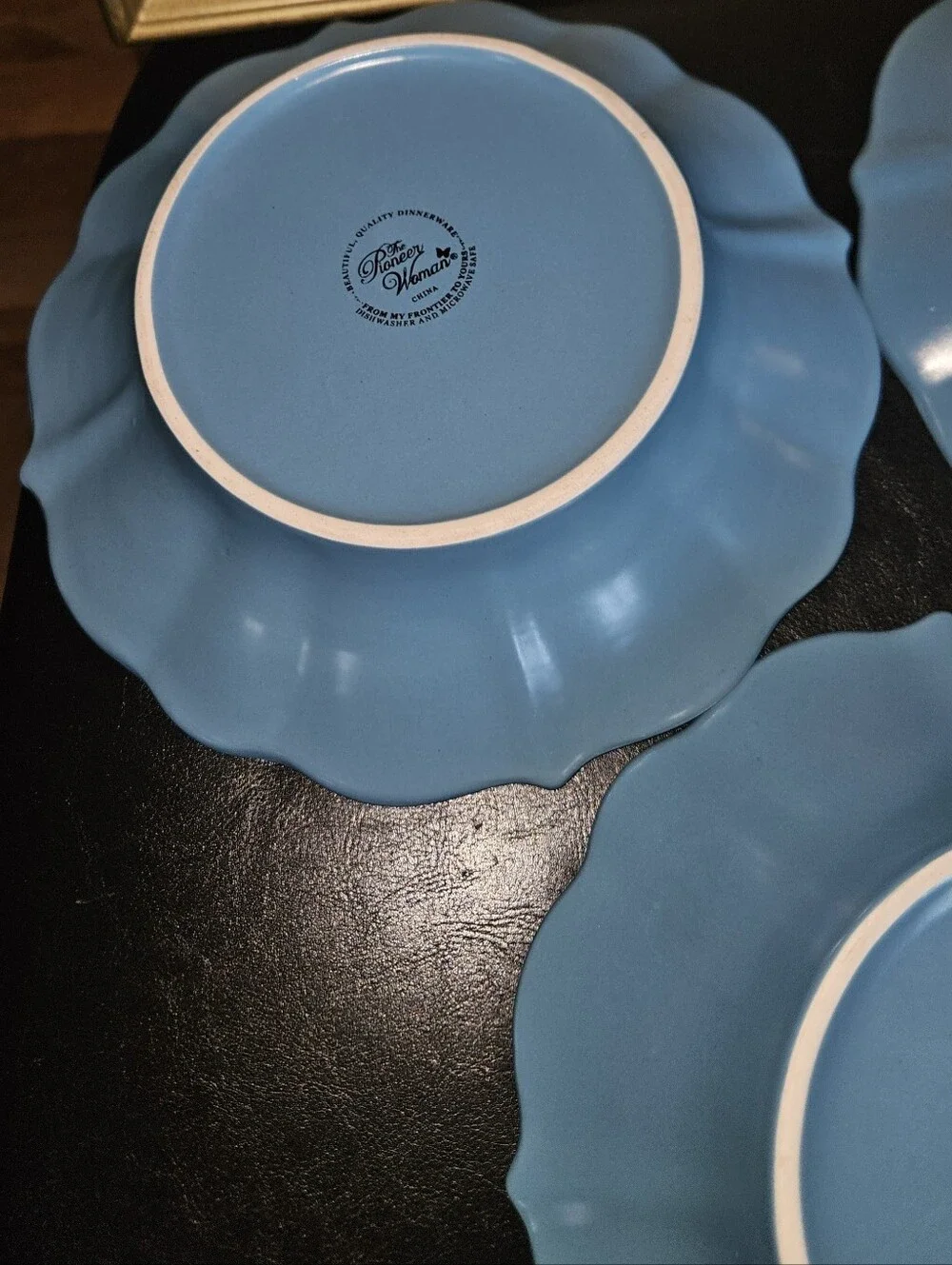 Pioneer Woman Paige Denim Blue 8.5” Soup Bowls Scalloped Beaded Edge Lot of 3